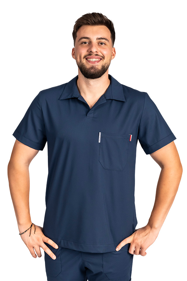 Costum medical stretch polo barbati bleumarin, cu bluza in V si pantaloni tip jogger, cu snur si elastic 4