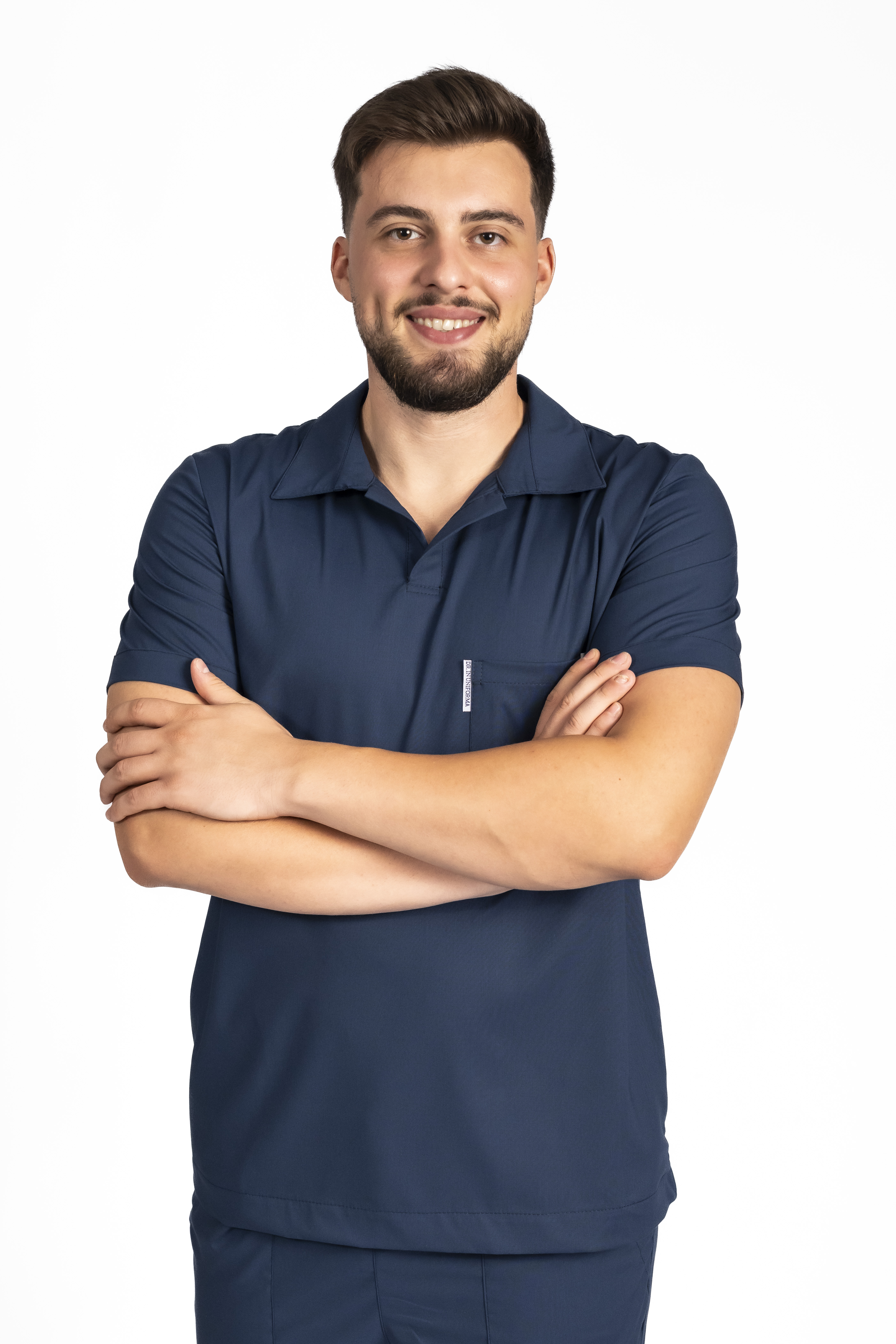 Costum medical stretch polo barbati bleumarin, cu bluza in V si pantaloni tip jogger, cu snur si elastic 5