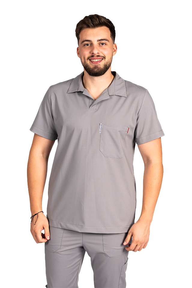 Costum medical stretch polo barbati gri, cu bluza in V si pantaloni tip jogger, cu snur si elastic 2