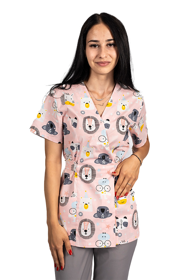 Costum medical kimono Lion, cu bluza cu imprimeu  si pantaloni cu elastic 2