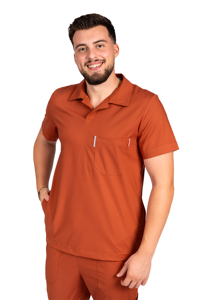Costum medical stretch polo barbati caramel, cu bluza in V si pantaloni tip jogger, cu snur si elastic 2
