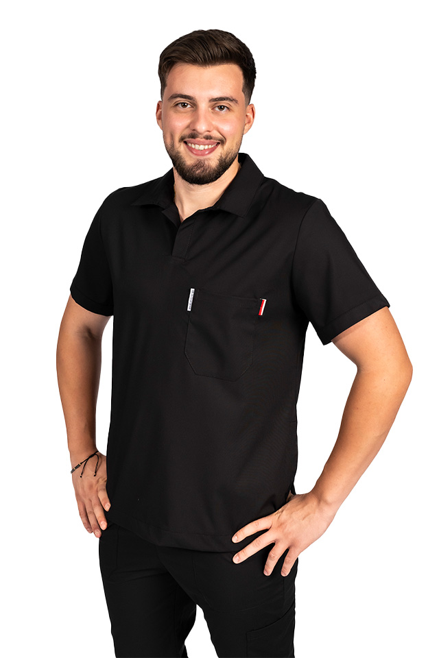 Costum medical stretch polo barbati negru, cu bluza in V si pantaloni tip jogger, cu snur si elastic 4