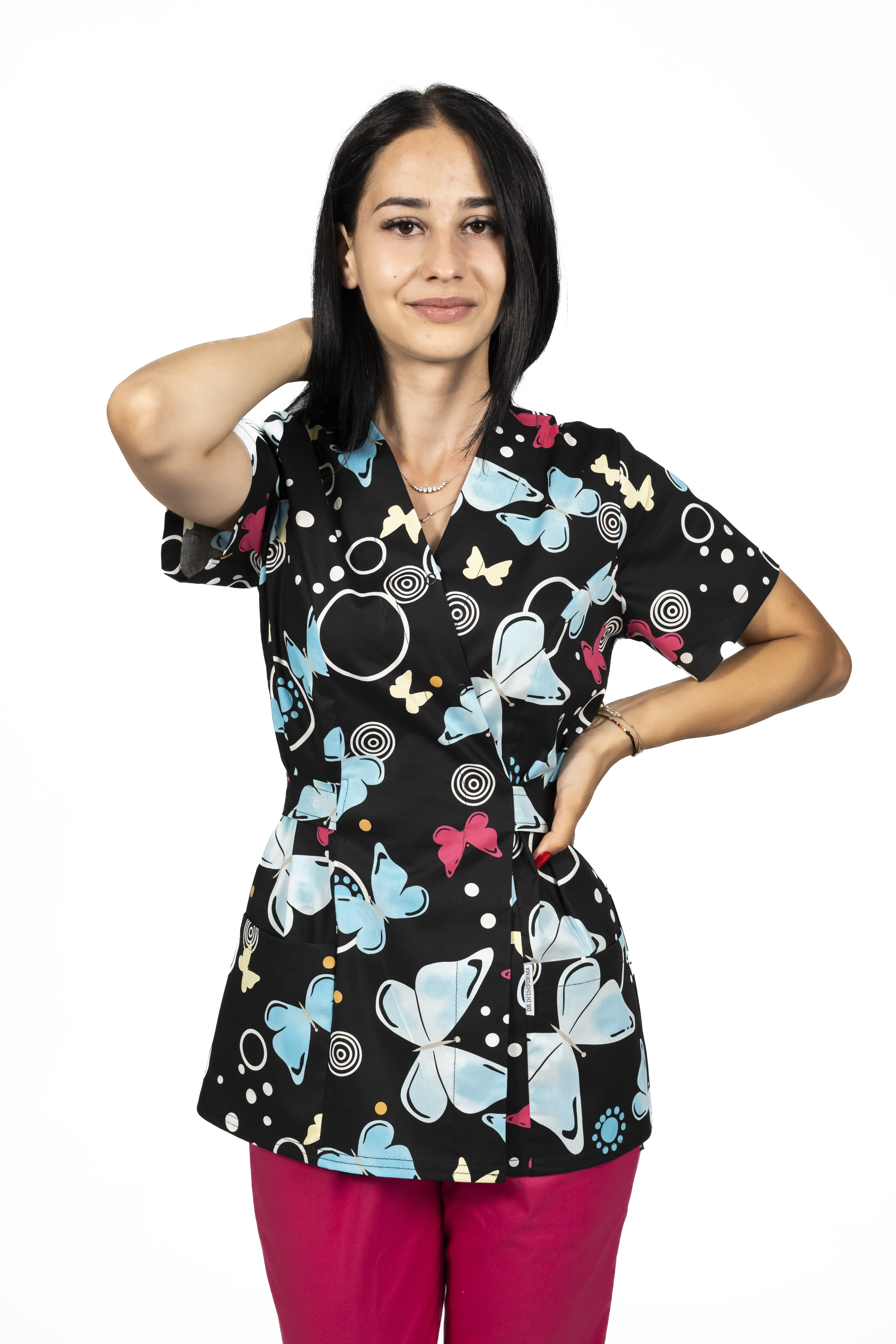 Costum medical kimono Blackbutterfly, cu bluza cu imprimeu  si pantaloni cu elastic 6