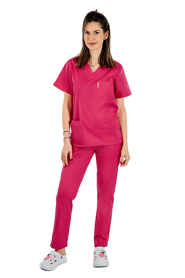 Costum medical ciclam, bluza cu anchior in V, trei buzunare si pantaloni cu elastic 2