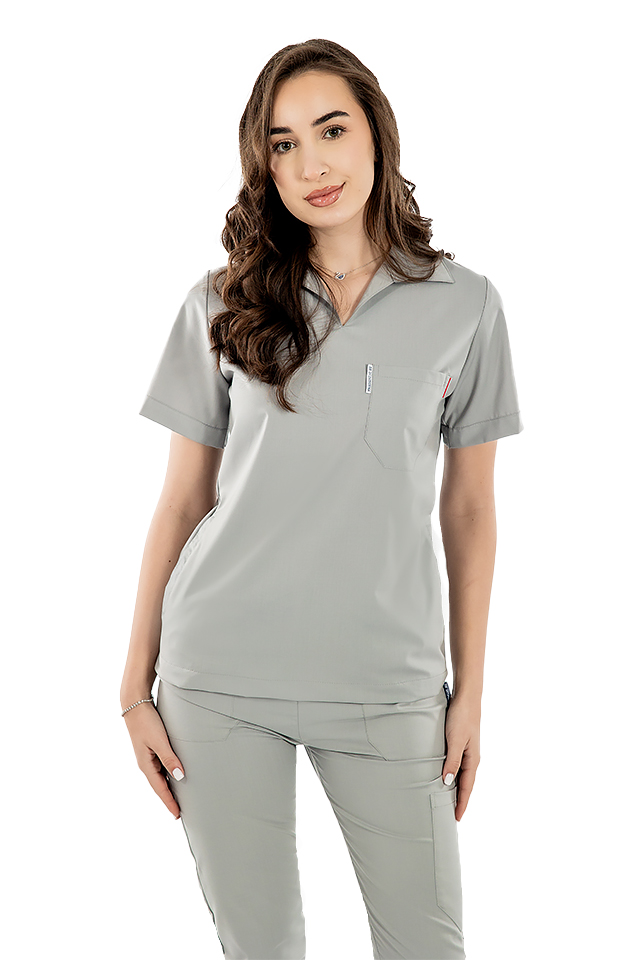 Costum medical stretch polo gri, cu bluza in V si pantaloni tip jogger, cu snur si elastic 4