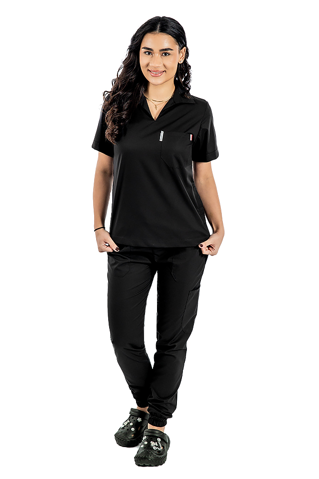 Costum medical stretch polo negru, cu bluza in V si pantaloni tip jogger, cu snur si elastic 3