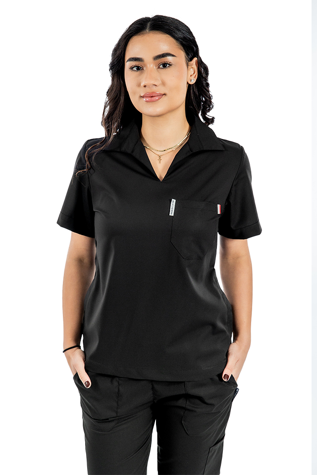 Costum medical stretch polo negru, cu bluza in V si pantaloni tip jogger, cu snur si elastic 2