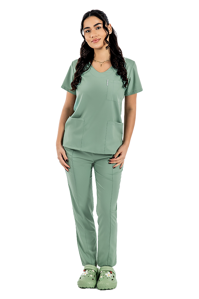 Costum medical stretch olive cu bluza in V si pantaloni cu snur si elastic 2