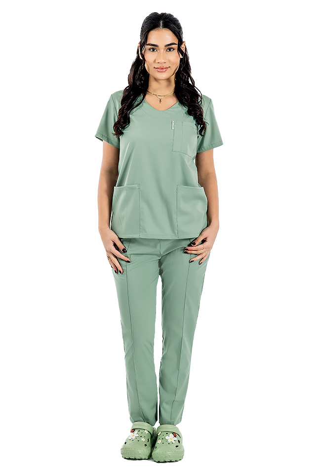 Costum medical stretch olive cu bluza in V si pantaloni cu snur si elastic 5