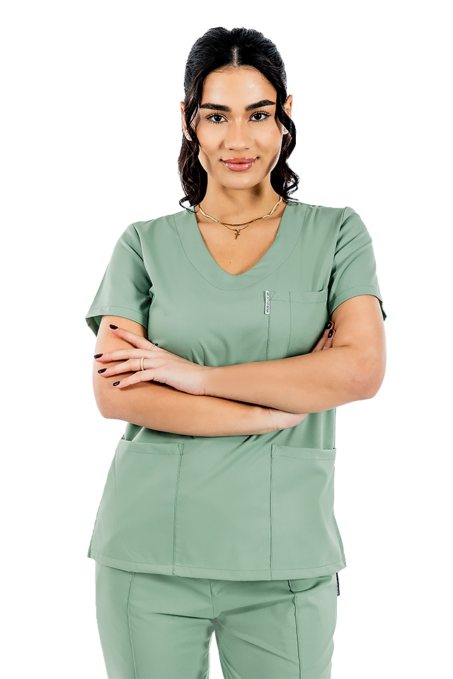 Costum medical stretch olive cu bluza in V si pantaloni cu snur si elastic 3