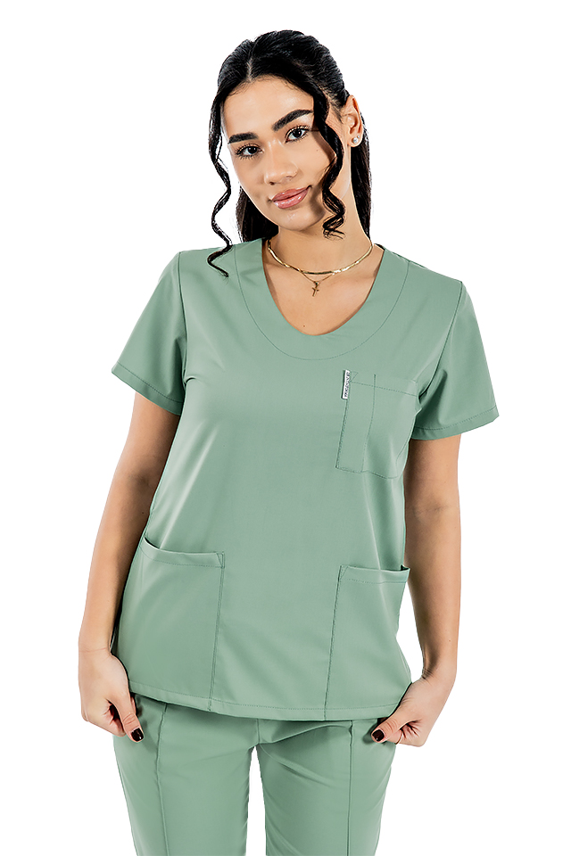 Costum medical stretch olive cu bluza in V si pantaloni cu snur si elastic 4