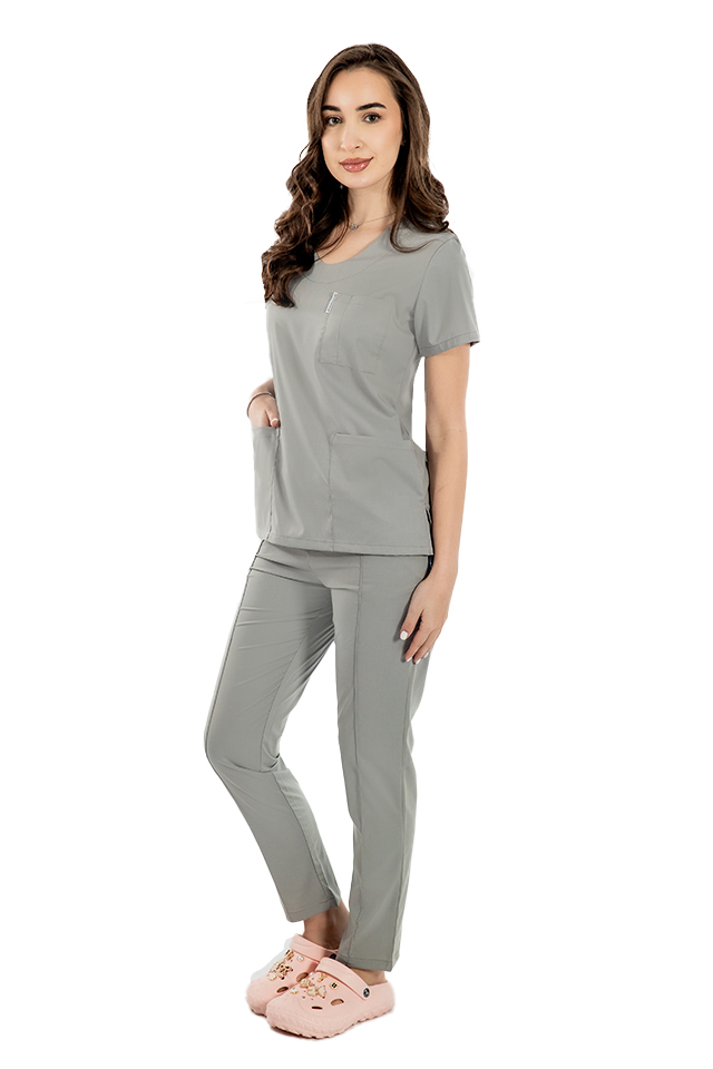 Costum medical stretch gri cu bluza in V si pantaloni cu snur si elastic 2