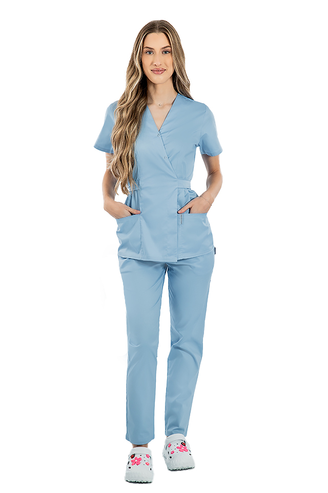 Costum medical bleu, cu elastan,  bluza tip kimono si pantaloni cu snur in talie