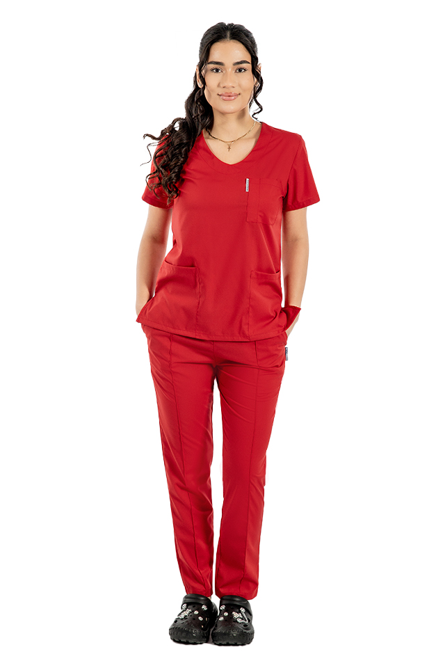 Costum medical stretch rosu cu bluza cu anchior si pantaloni cu snur si elastic 2