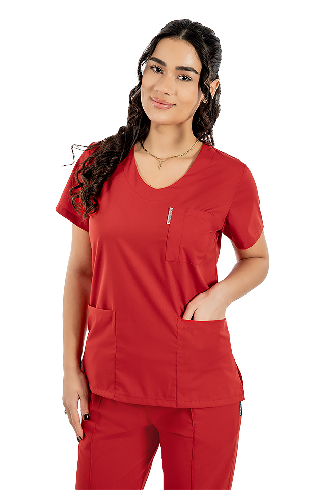 Costum medical stretch rosu cu bluza cu anchior si pantaloni cu snur si elastic 3