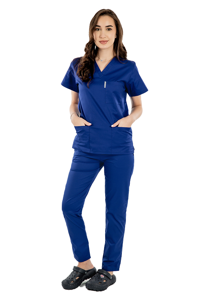 Costum medical albastru, bluza cu anchior in V, trei buzunare si pantaloni cu elastic 3