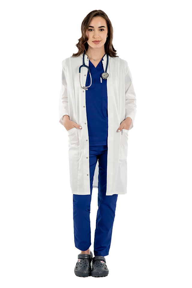 Halat medical alb, unisex, cu guler tip tunica si trei buzunare si maneca lunga 4
