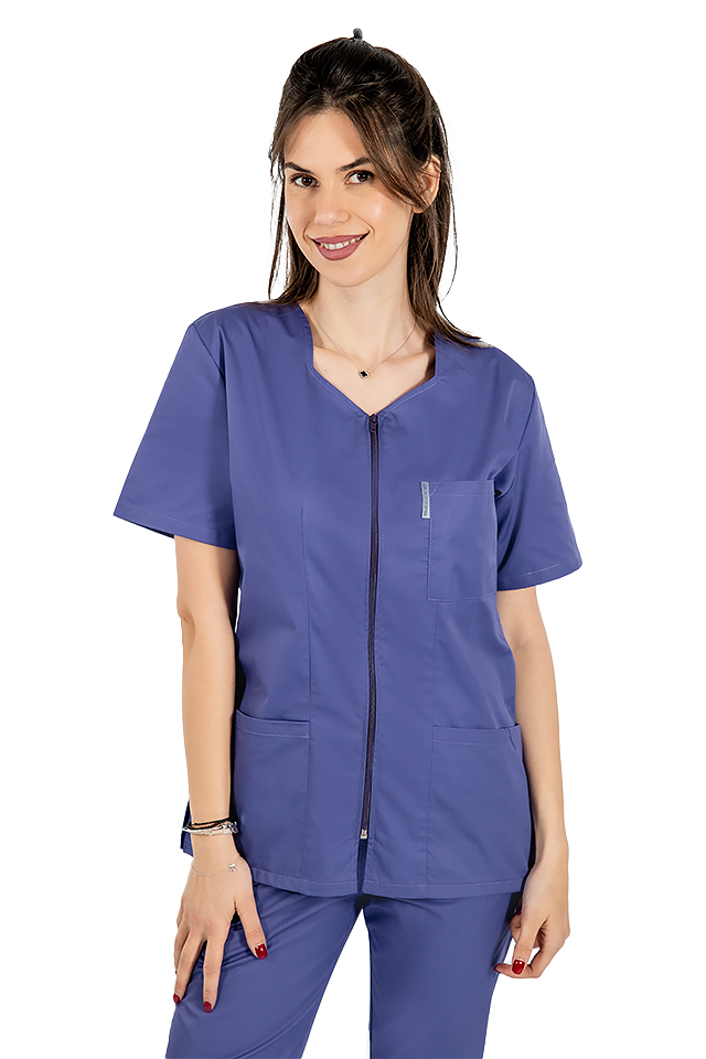 Halat medical mov cu fermoar cambrata cu doua buzunare aplicate