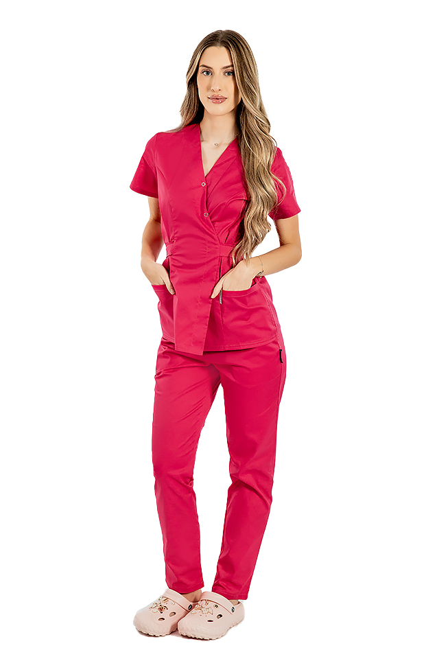 Costum medical kimono ciclam, cu elastan, bluza tip kimono si pantaloni cu snur in talie 2