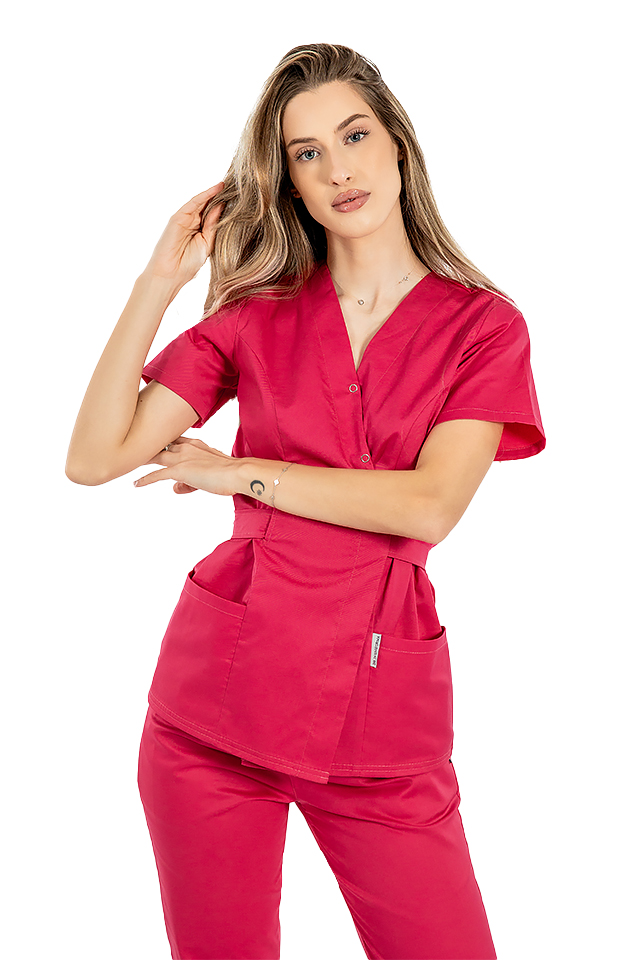 Costum medical kimono ciclam, cu elastan, bluza tip kimono si pantaloni cu snur in talie 3