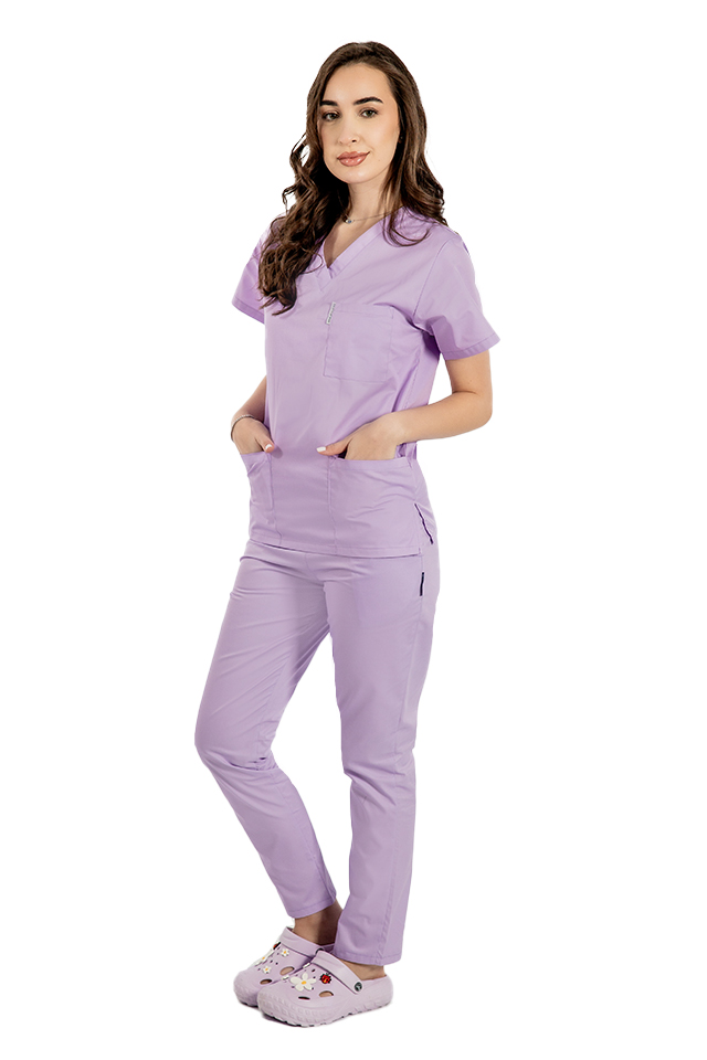 Halat medical lila cu anchior in forma V cu trei buzunare aplicate 2