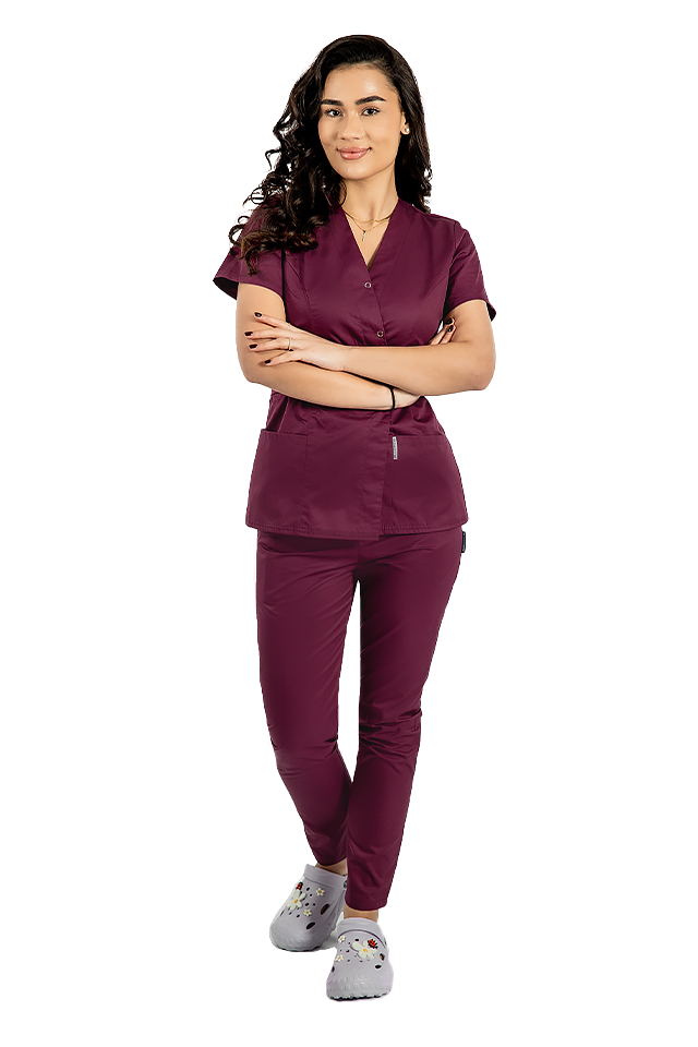 Costum medical visina, cu bluza tip kimono si pantaloni visina cu elastic 2