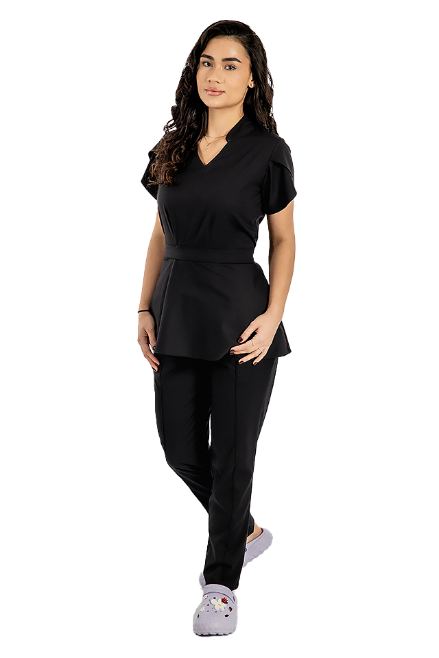 Costum medical stretch Alina, culoare negru, bluza cu cordon si pantaloni cu snur si elastic 4