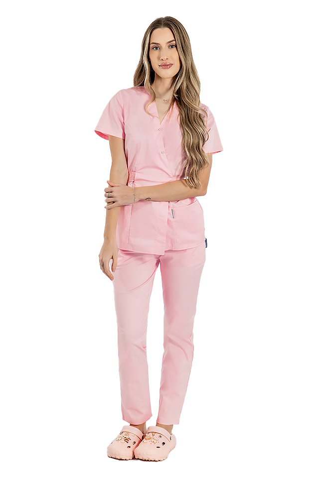 Costum medical kimono roz pal, cu elastan, bluza tip kimono si pantaloni cu snur in talie 4