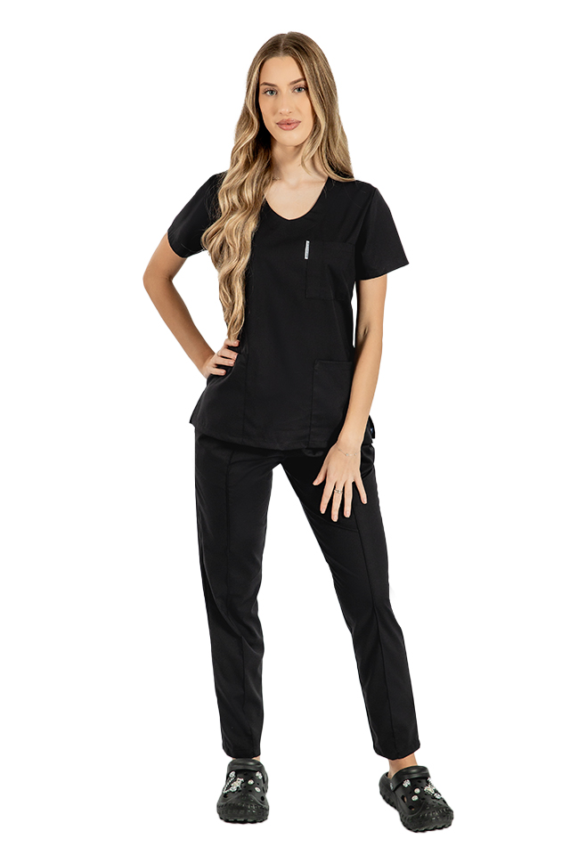 Costum medical stretch negru cu bluza in V si pantaloni cu snur si elastic 4