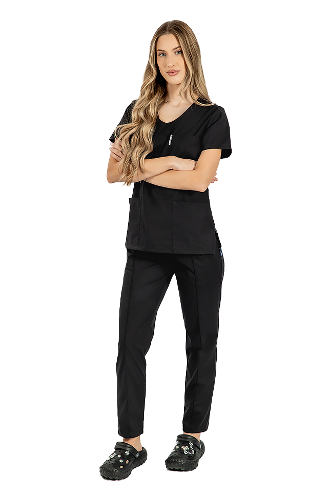 Costum medical stretch negru cu bluza in V si pantaloni cu snur si elastic 2