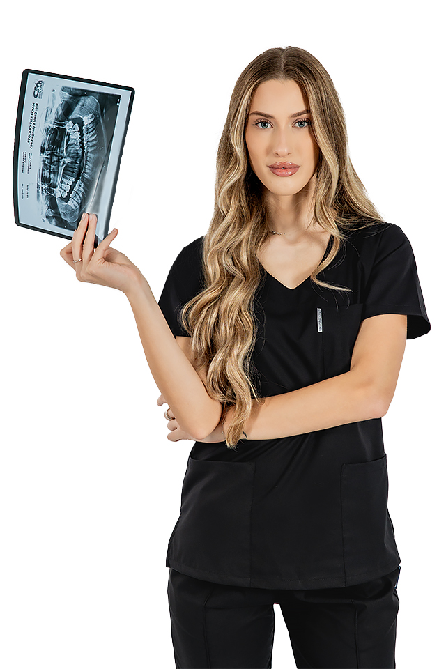 Costum medical stretch negru cu bluza in V si pantaloni cu snur si elastic 3