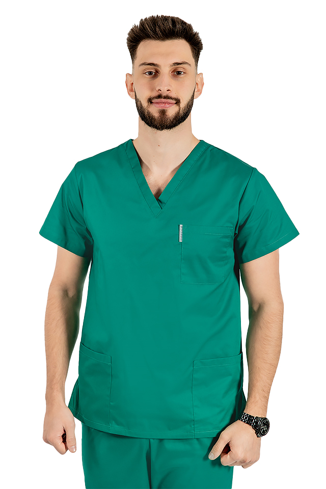 Halat medical verde unisex cu anchior in forma V cu trei buzunare