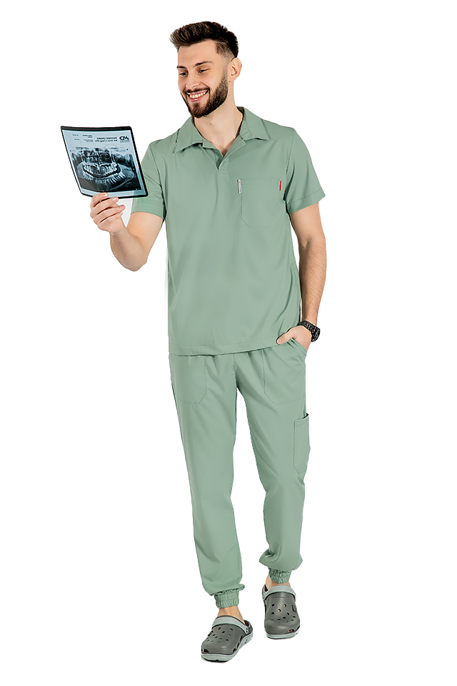 Costum medical stretch polo barbati olive, cu bluza in V si pantaloni tip jogger, cu snur si elastic 3