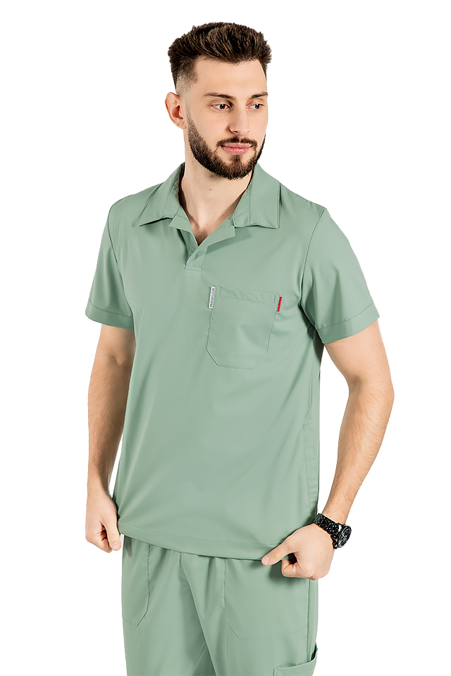 Costum medical stretch polo barbati olive, cu bluza in V si pantaloni tip jogger, cu snur si elastic 2