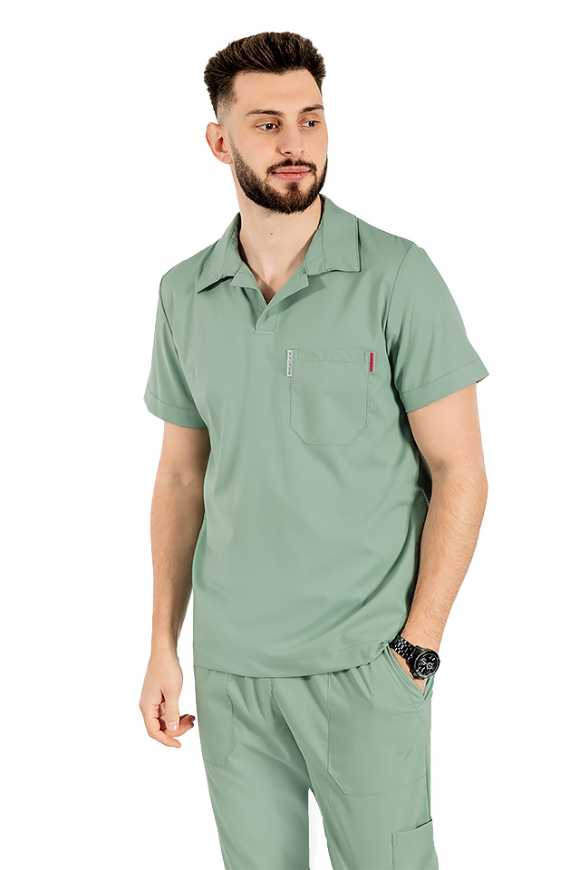 Costum medical stretch polo barbati olive, cu bluza in V si pantaloni tip jogger, cu snur si elastic 4