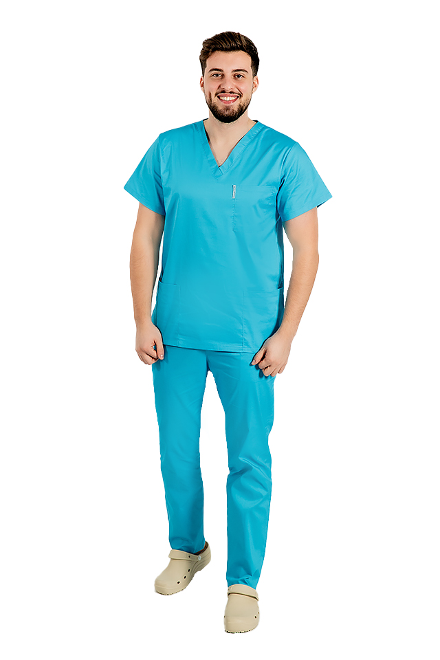 Halat medical turcoaz cu elastan,barbati, cu anchior in forma V cu trei buzunare aplicate 2
