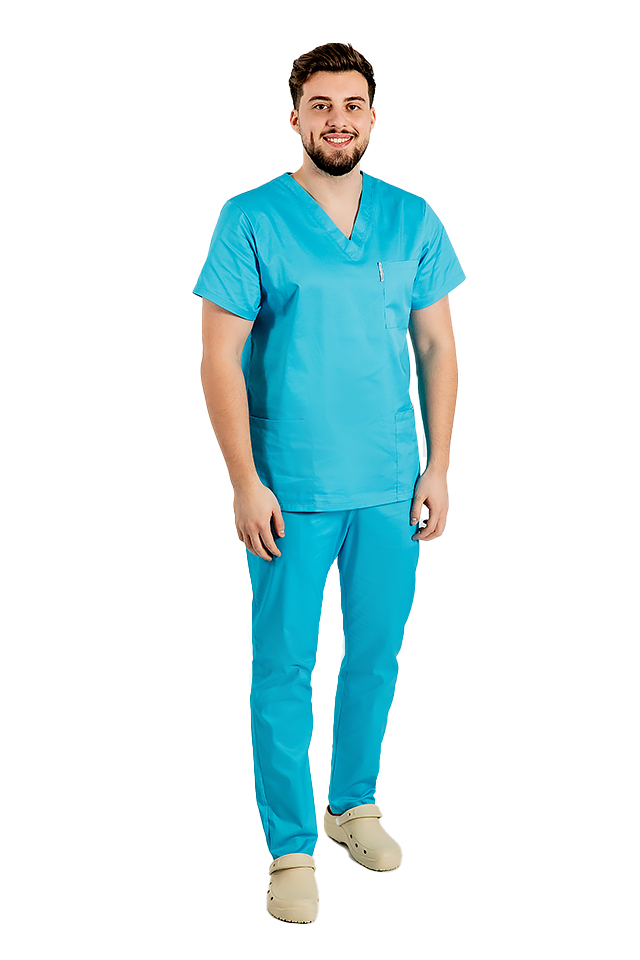 Halat medical turcoaz cu elastan,barbati, cu anchior in forma V cu trei buzunare aplicate 4
