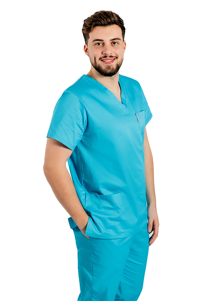 Halat medical turcoaz cu elastan,barbati, cu anchior in forma V cu trei buzunare aplicate 3