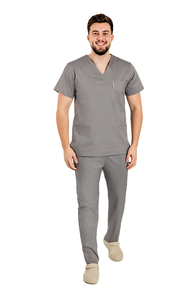 Costum medical gri cu elastan, barbati, bluza cu anchior in forma V si pantaloni cu snur 2