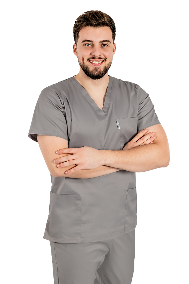 Costum medical gri cu elastan, barbati, bluza cu anchior in forma V si pantaloni cu snur 3