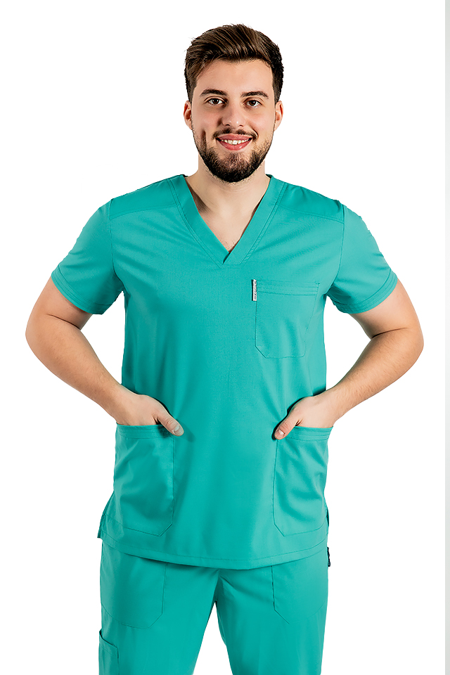 Costum medical stretch barbati verde turcoaz cu bluza in V si pantaloni cu snur si elastic 2
