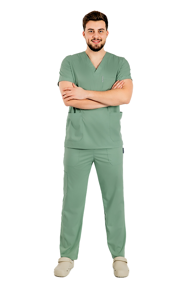 Costum medical stretch barbati olive cu bluza in V si pantaloni cu snur si elastic 3