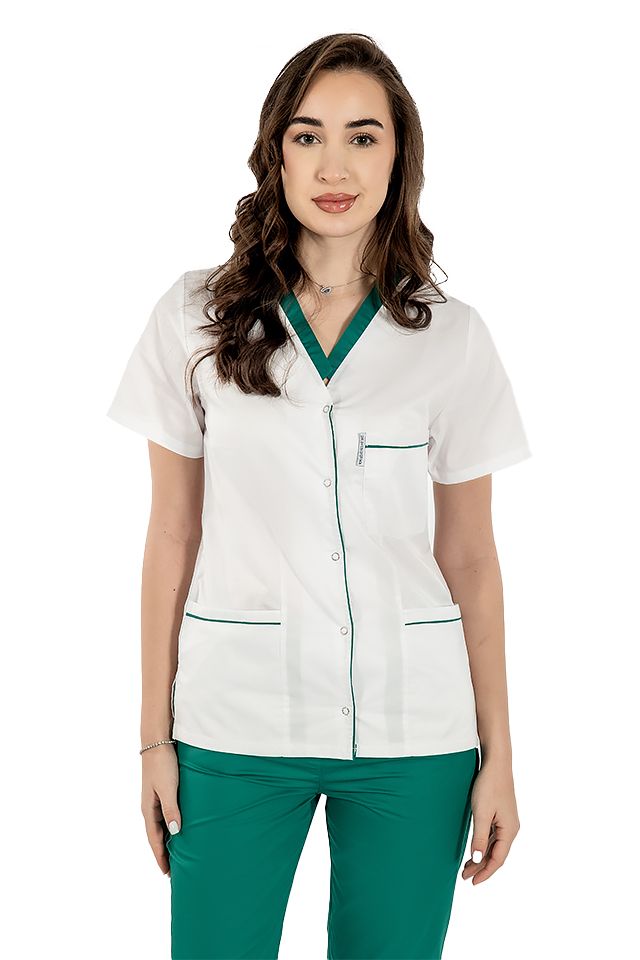 Costum medical cu elastan format din bluza alb cu paspol verde si pantaloni verde 41 5