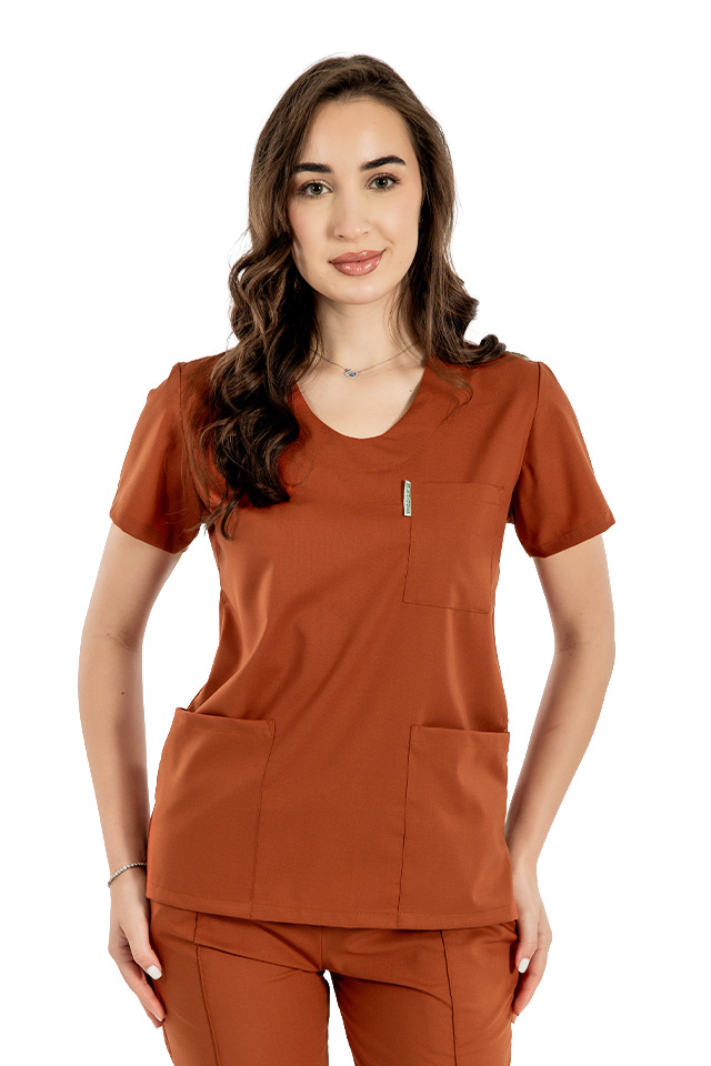 Costum medical stretch caramel cu bluza in V si pantaloni cu snur si elastic 3
