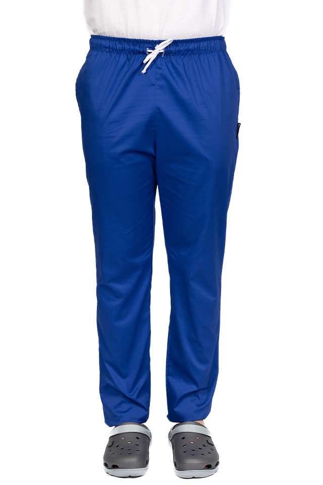 Pantaloni medicali albastri cu elastan,barbati, cu snur in talie si doua buzunare laterale