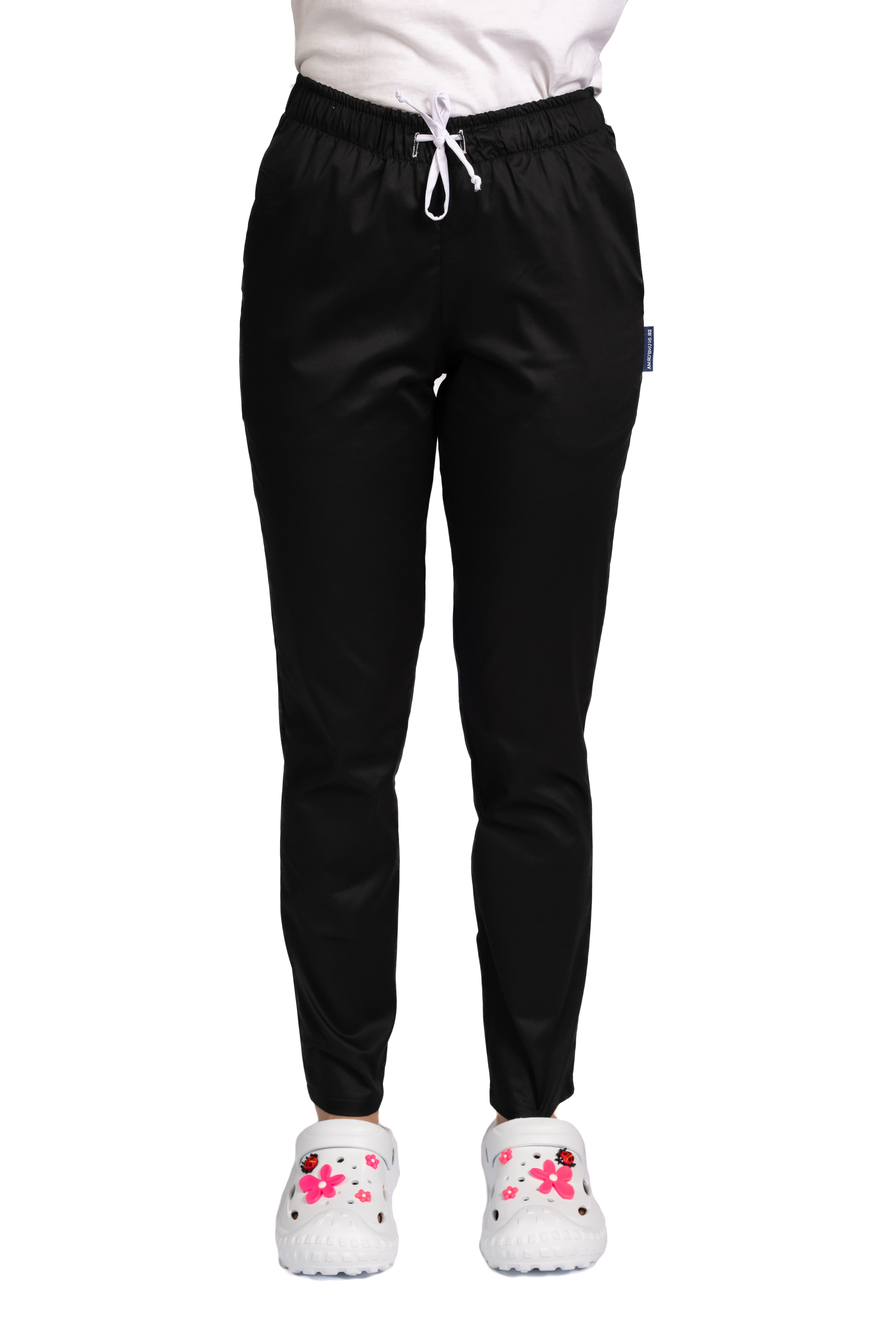 Pantaloni medicali cu elastan negri, model dama, cu snur si doua buzunare laterale