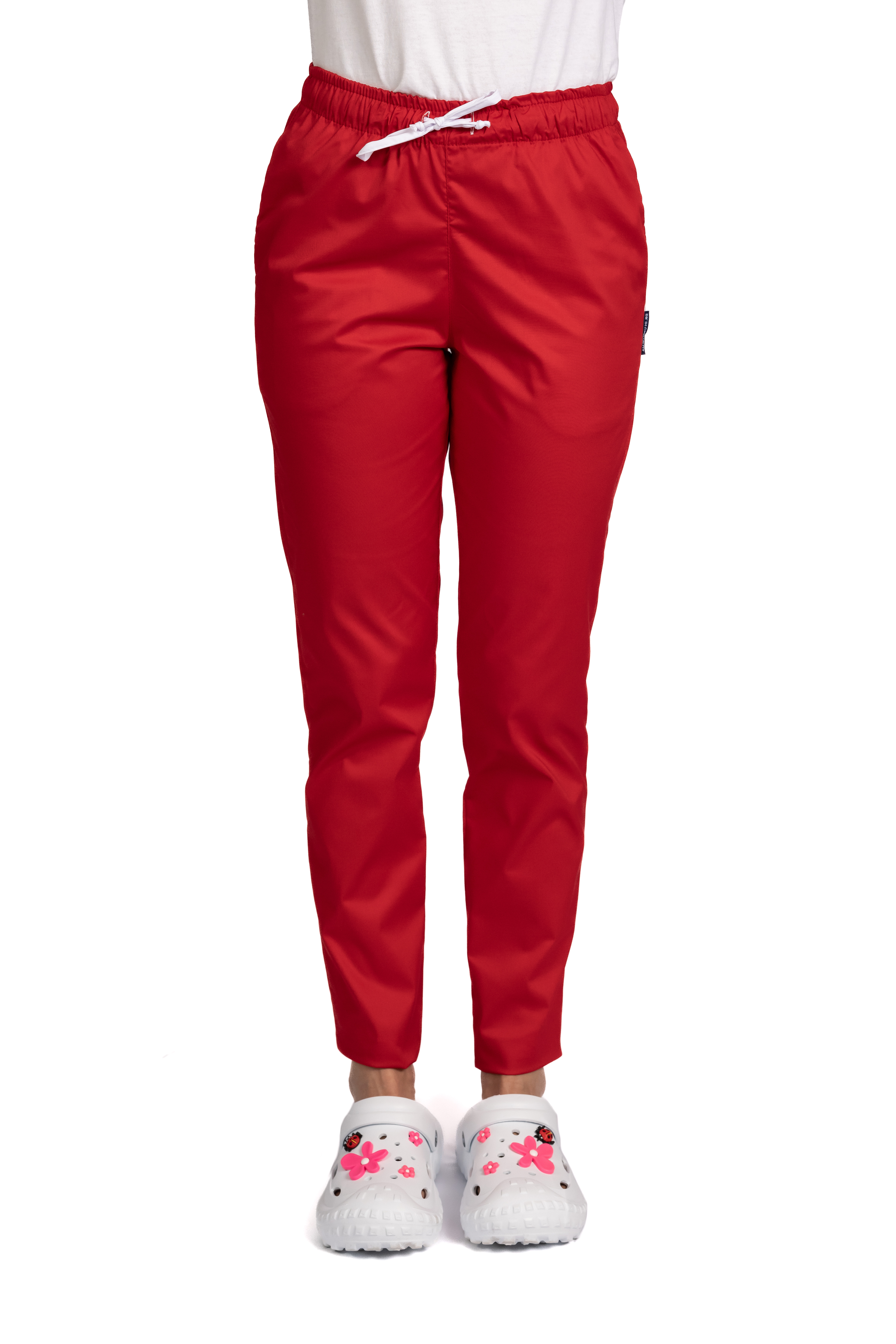 Pantaloni medicali rosii cu elastan, model dama, cu snur si doua buzunare laterale 