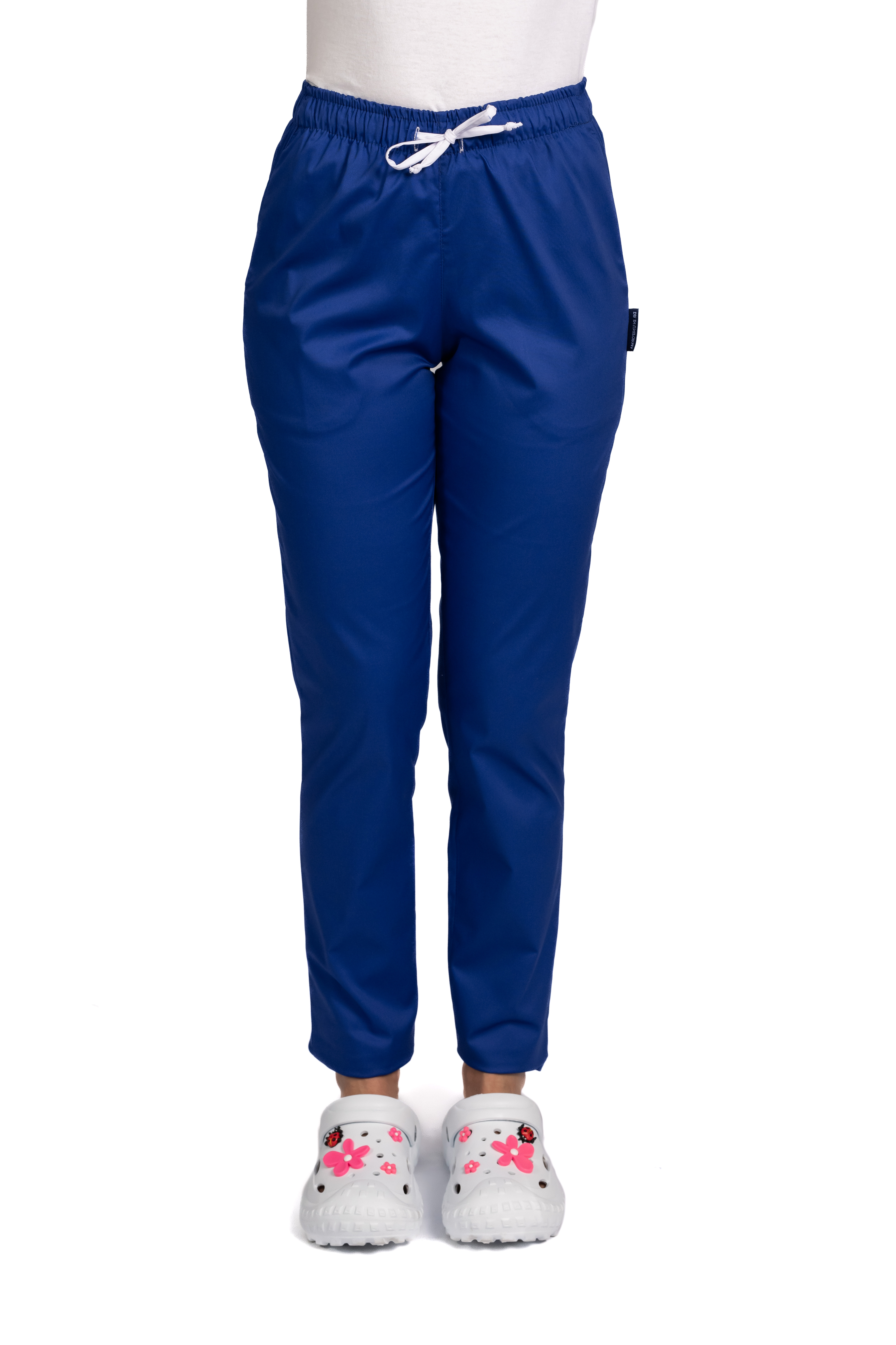 Pantaloni medicali elastici, dama, albastri, cu snur si doua buzunare laterale