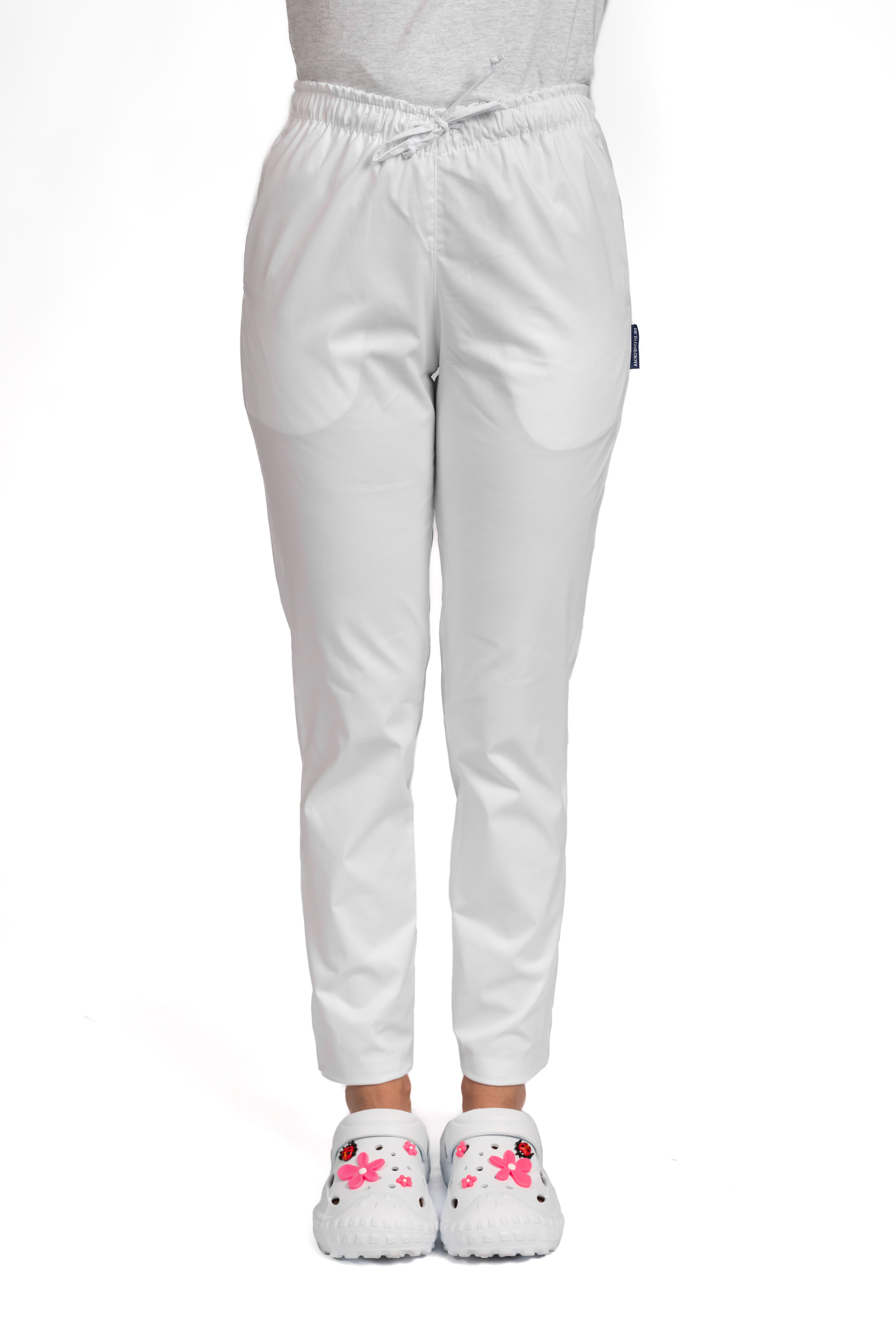 Pantaloni medicali elastici, dama, alb cu snur si doua buzunare laterale