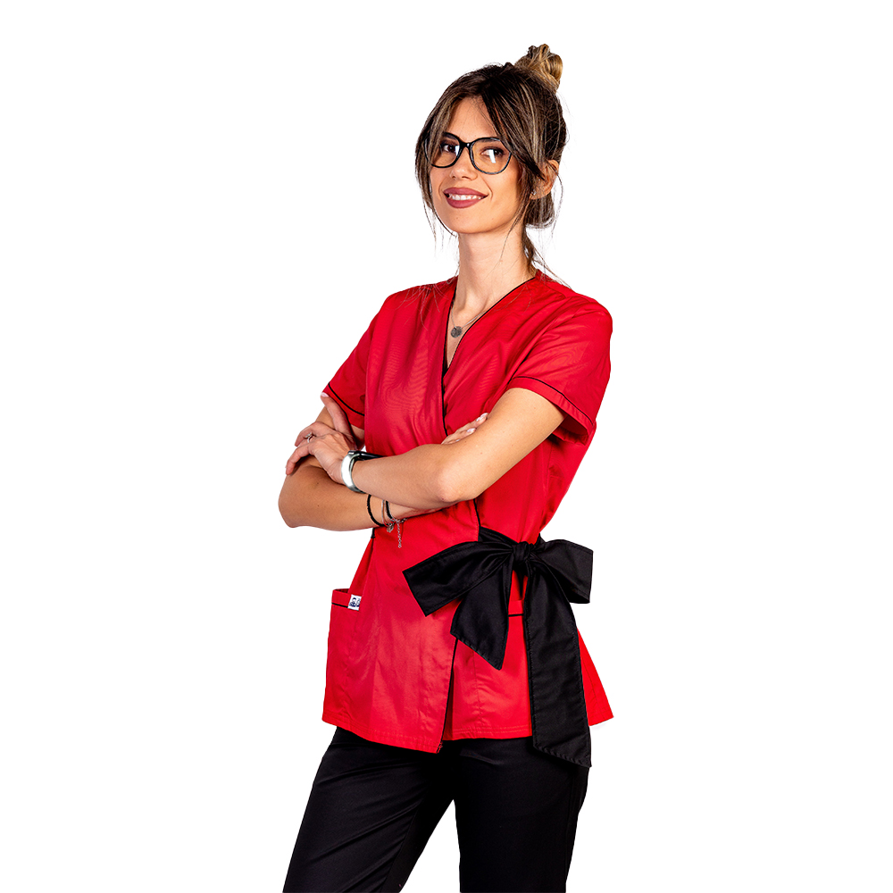 Halat medical kimono rosu cu paspol negru si cordon cu legare tip fundita 6